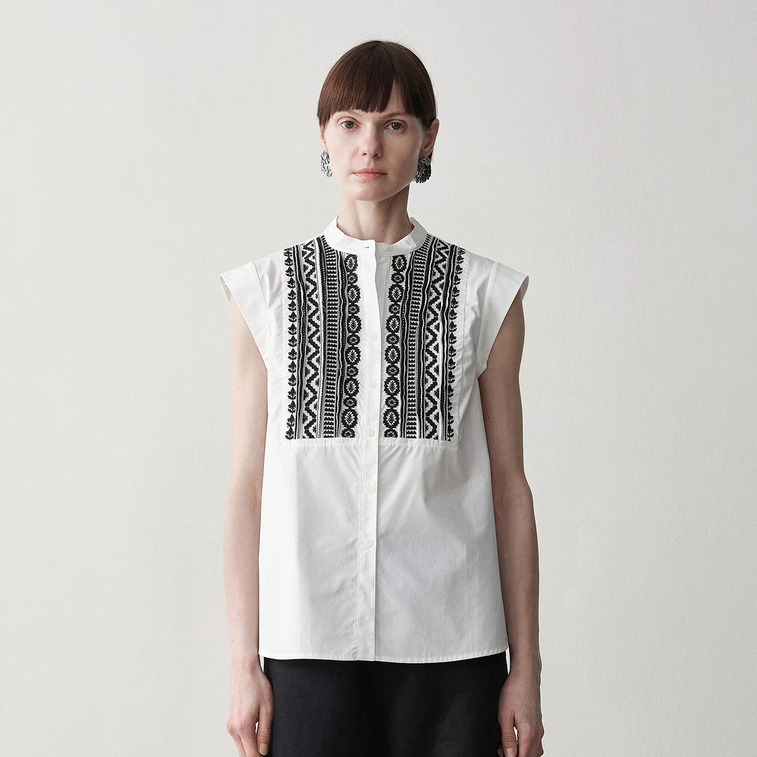 玛丝菲尔白色设计感手工刺绣气质蕾丝无袖飞袖女式衬衫A1CX20309