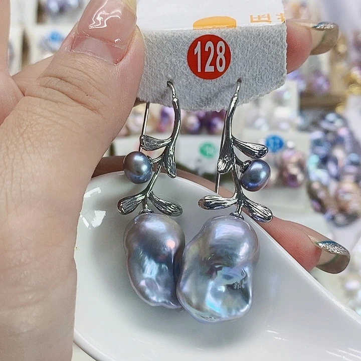 银S925镶嵌耳饰淡水珍珠青*