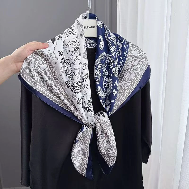 【70丝毛 蓝白腰果】丝巾围巾高级披肩送礼复古国风双面