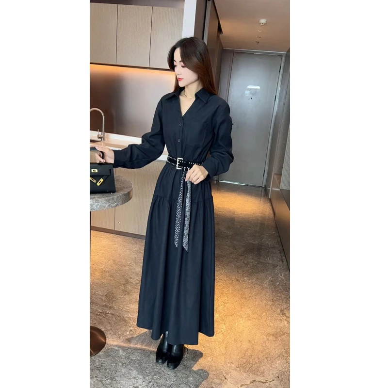 含腰带/名媛风气质洋气衬衫V领连衣裙女中长款显瘦大摆裙子潮