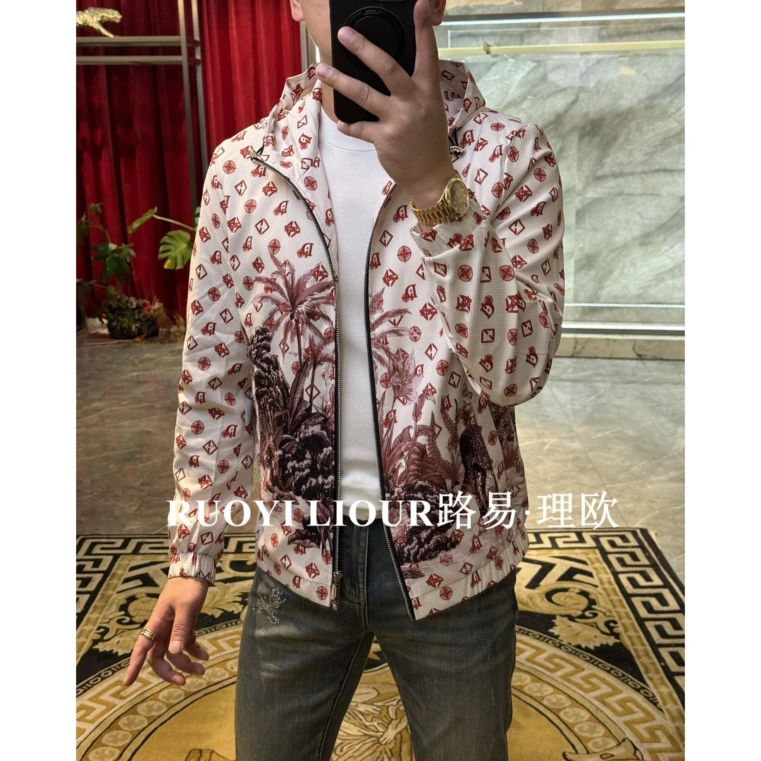 【路易理欧】2025欧货春款椰子树印花连帽夹克0052