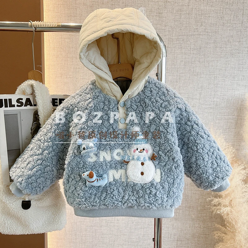 啵小爸【软茸轻梦】男童冬款上衣童装浅蓝雪人立体装饰连帽夹棉外套