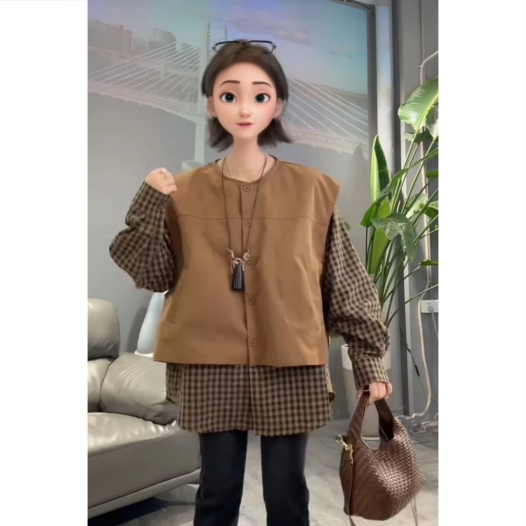 艾塔莉秋冬新款洋气衬衫假两件格纹韩系美拉德风长袖马甲衬衫显瘦