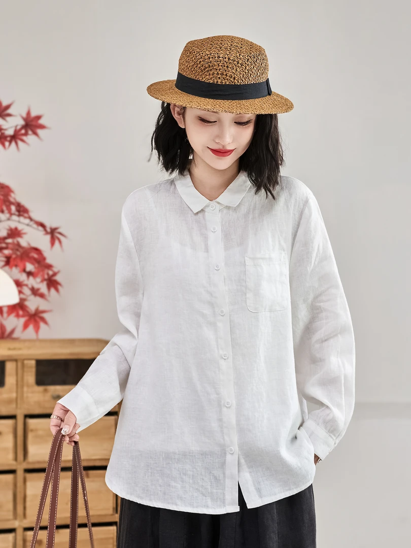 YIWEN2025新款长袖休闲文艺时尚100亚麻百搭复古风1090