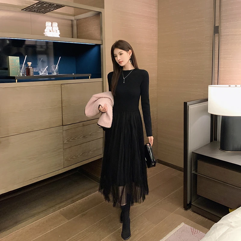 林关关 圆领针织拼接网纱连衣裙