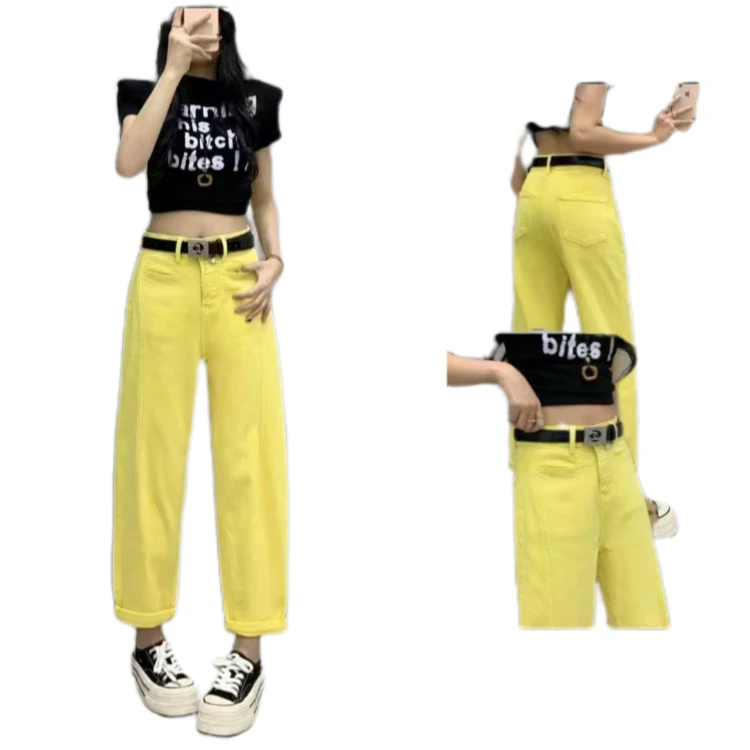 69373款柠檬黄牛仔垮裤