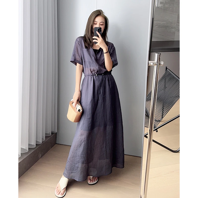 美洋MEIYANG 黛丝苎麻连衣裙 ∣翻领抽绳腰衬衫长裙