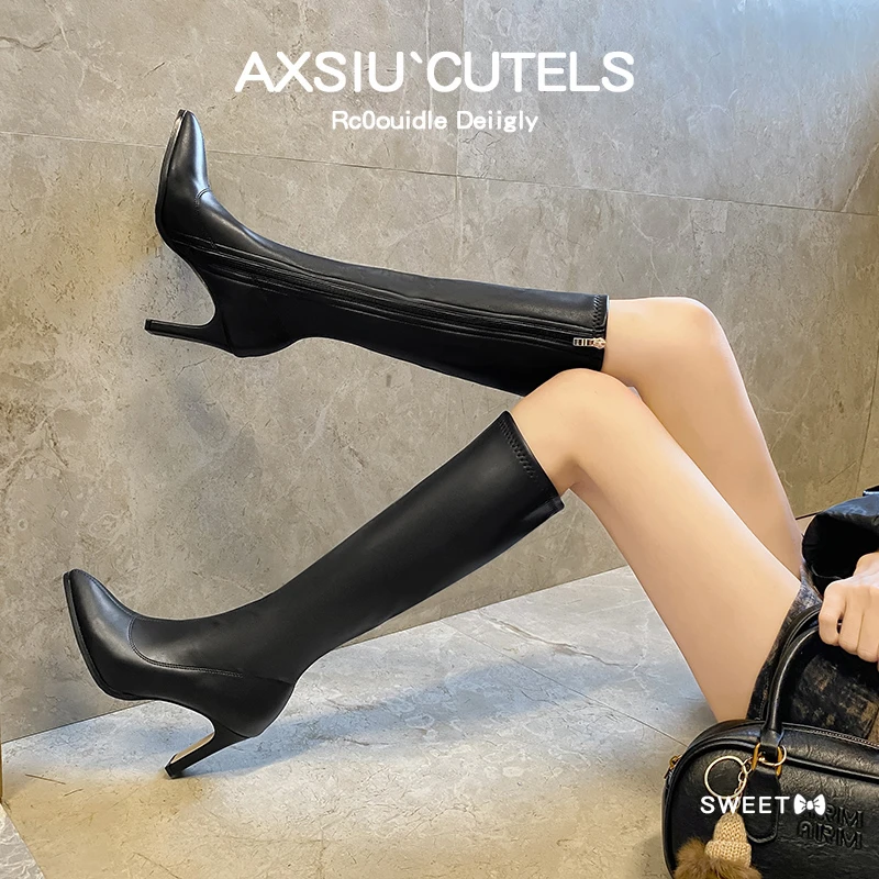 长筒靴女2024年的新款不过膝小个子高跟靴子显瘦粗腿秋冬皮靴高筒