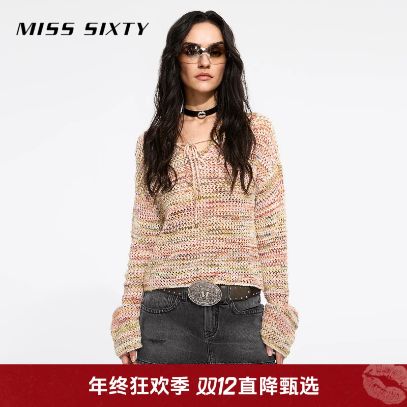 Miss Sixty2025秋季新款长袖针织衫女V领系带段染花式纱短款上衣