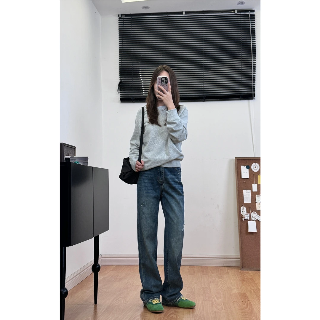 【人生浪费指南】直筒牛仔裤女蓝秋季随性松弛显瘦窄版泼墨阔腿裤子