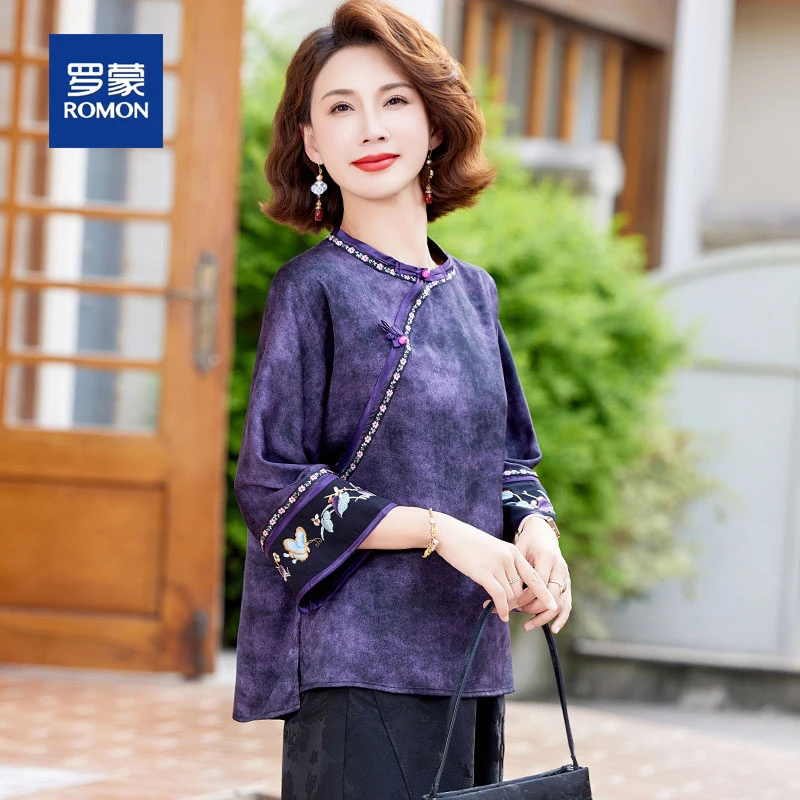 罗蒙中老年奶奶装夏季新中式国风复古小衫套装女阔太太高端雪纺衫