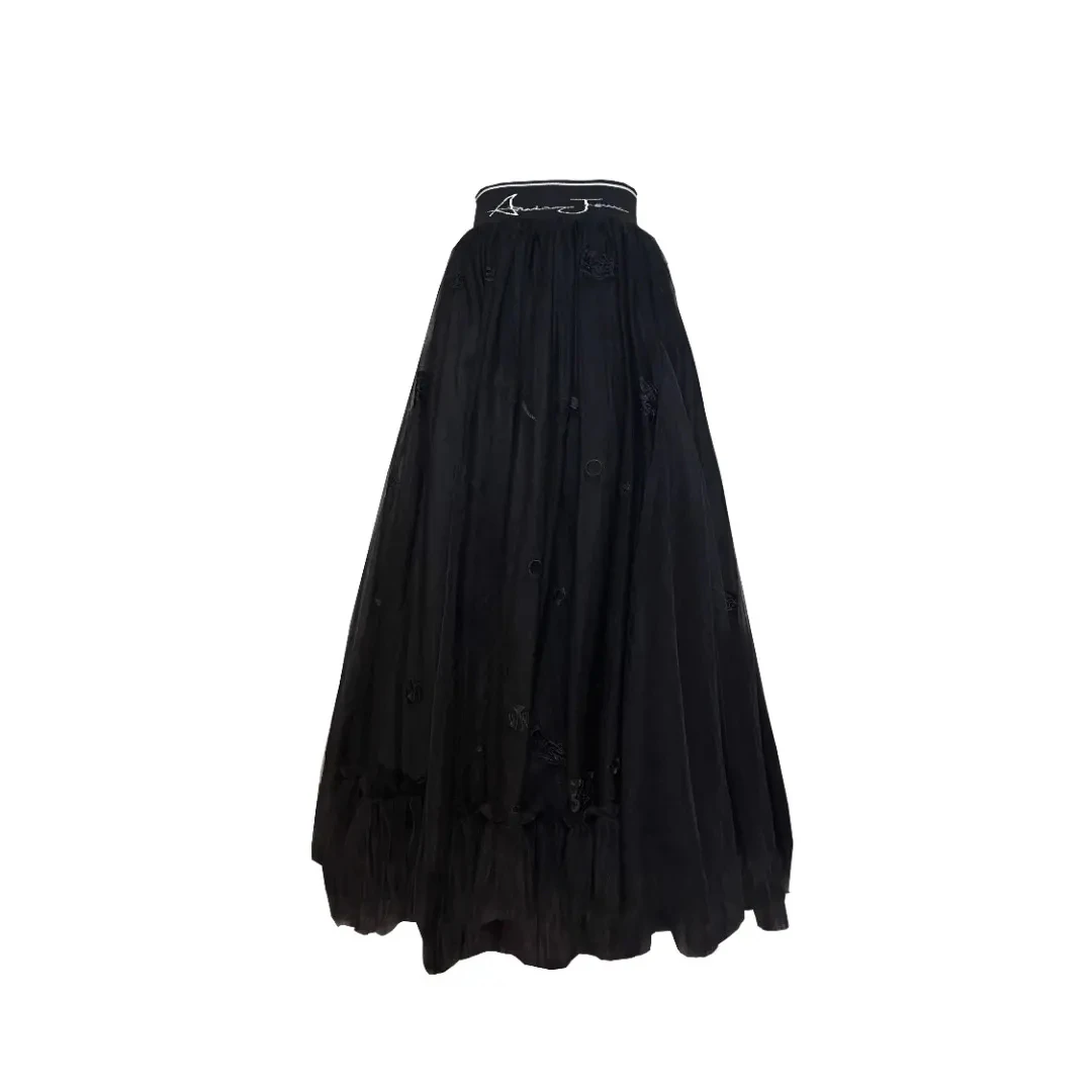 设计师气质优雅黑色长款时尚半身裙高腰半纱裙（水殿倾城）X109 F