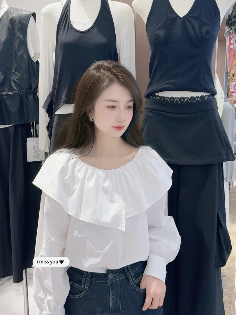 芬芬精选秋季新款荷叶边漏肩 可一字肩显瘦衬衣139
