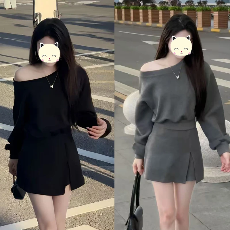 2025早秋韩系辣妹时尚套装女纯欲风一字露肩长袖卫衣休闲百搭短裙