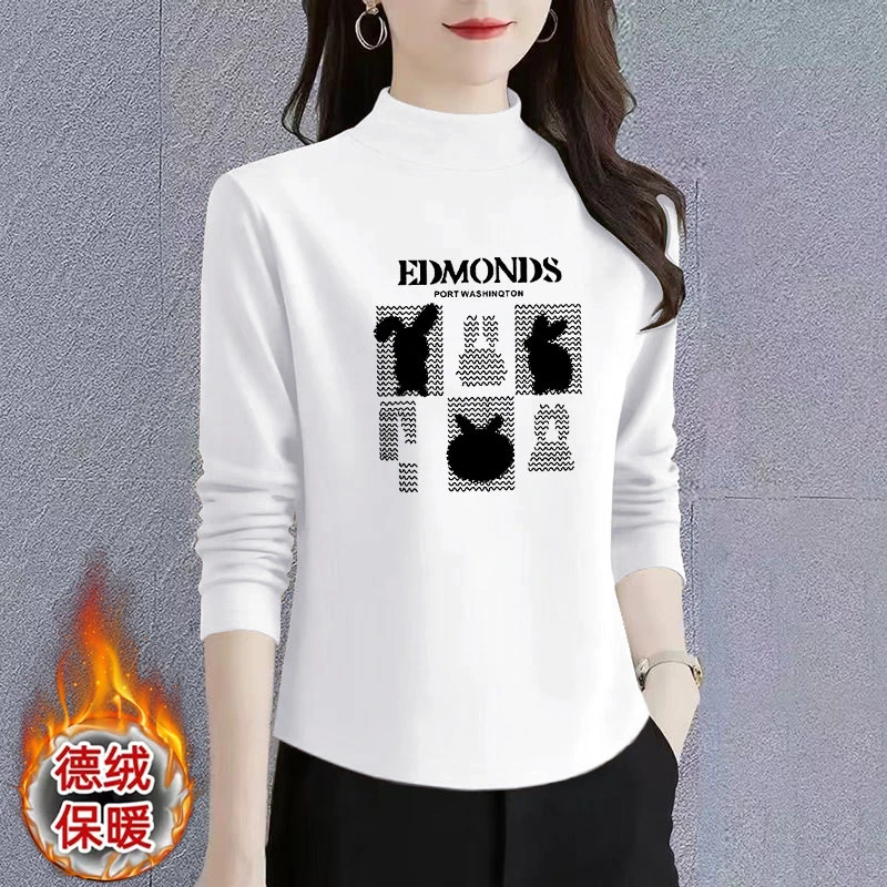 2025套头大码宽松外套德绒别致感半高领女秋冬长袖T恤不规则下摆