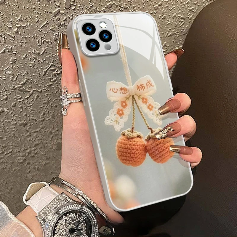 适用苹果13PROMAX/16/15手机壳高档金属漆手机壳玻璃心想柿成透明