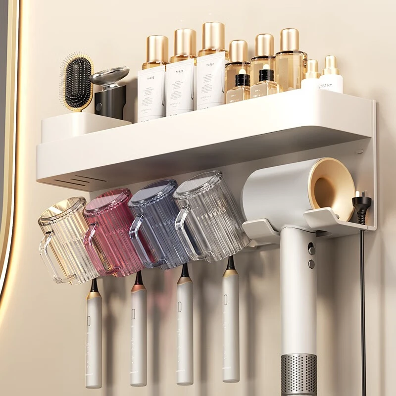 奶白牙刷架子置物架免打孔卫生间壁挂电动牙杯刷牙漱口杯吹风机架