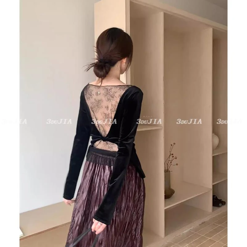 后背镂空蕾丝拼接高级感丝绒打底衫女春秋凡尔赛扭结网纱修身上衣