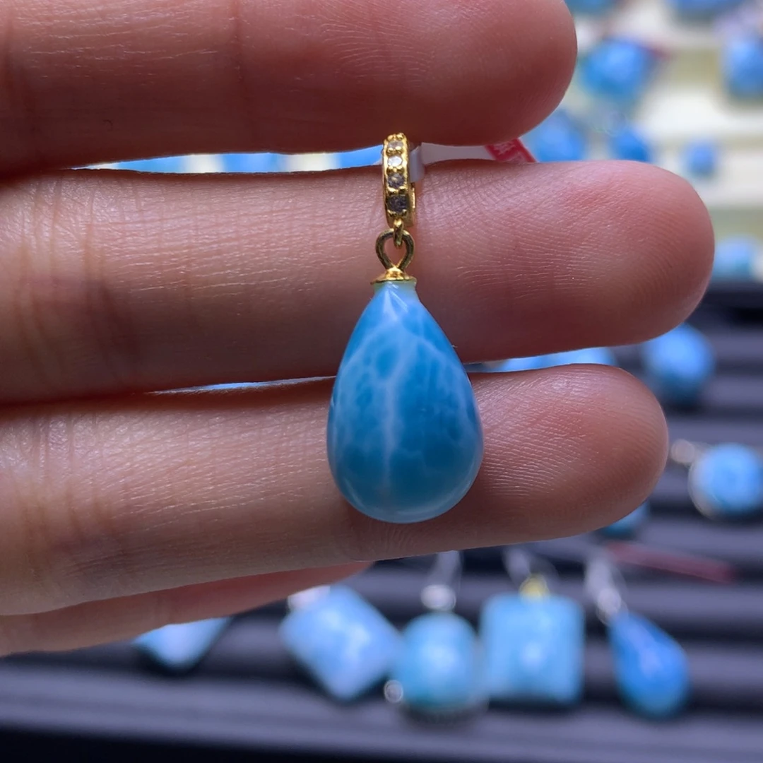 针钠钙石（海纹石）银S925镶嵌吊坠(不含链)水滴吊坠色差略异