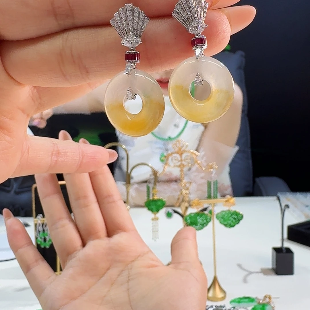 翡翠18K金镶嵌耳饰田****918k镶嵌