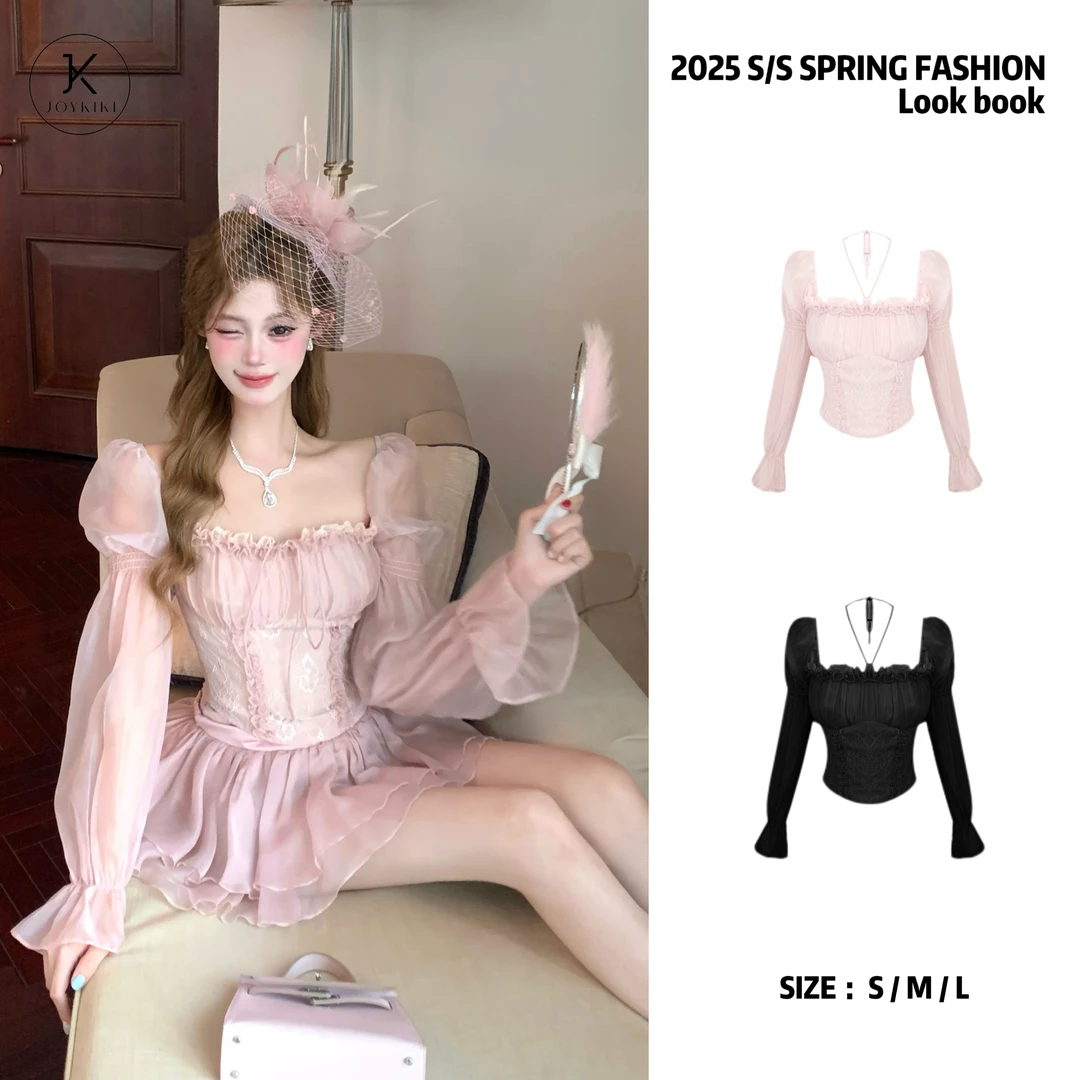 JOY KIKI金金【奶油冬日】春季纯欲少女蕾丝拼接设计上衣 J25A064