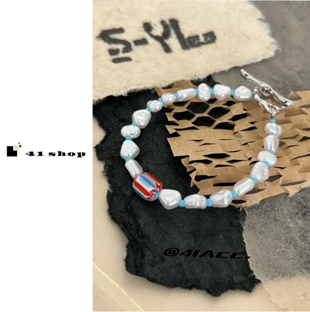 铜合金仿珍珠手链 B-1仿珍珠红蓝色串珠OT扣手链