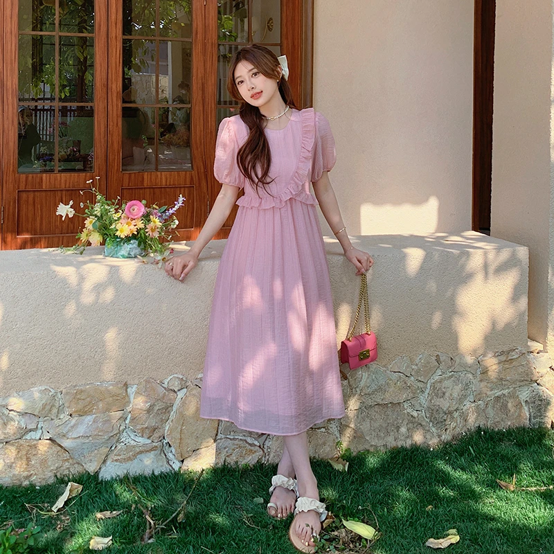 桔梗法式粉色荷叶边连衣裙女夏季新款温柔风仙气超仙森系长裙