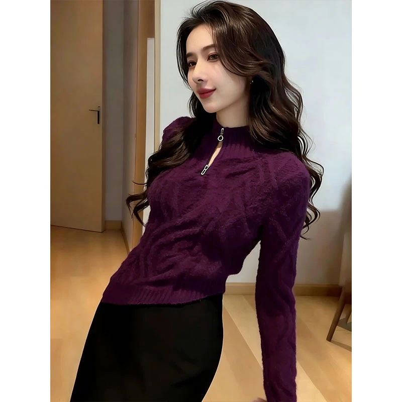 秋天巨好看的气质女士上衣慵懒高级感复古轻熟风紫色针织衫毛衣女