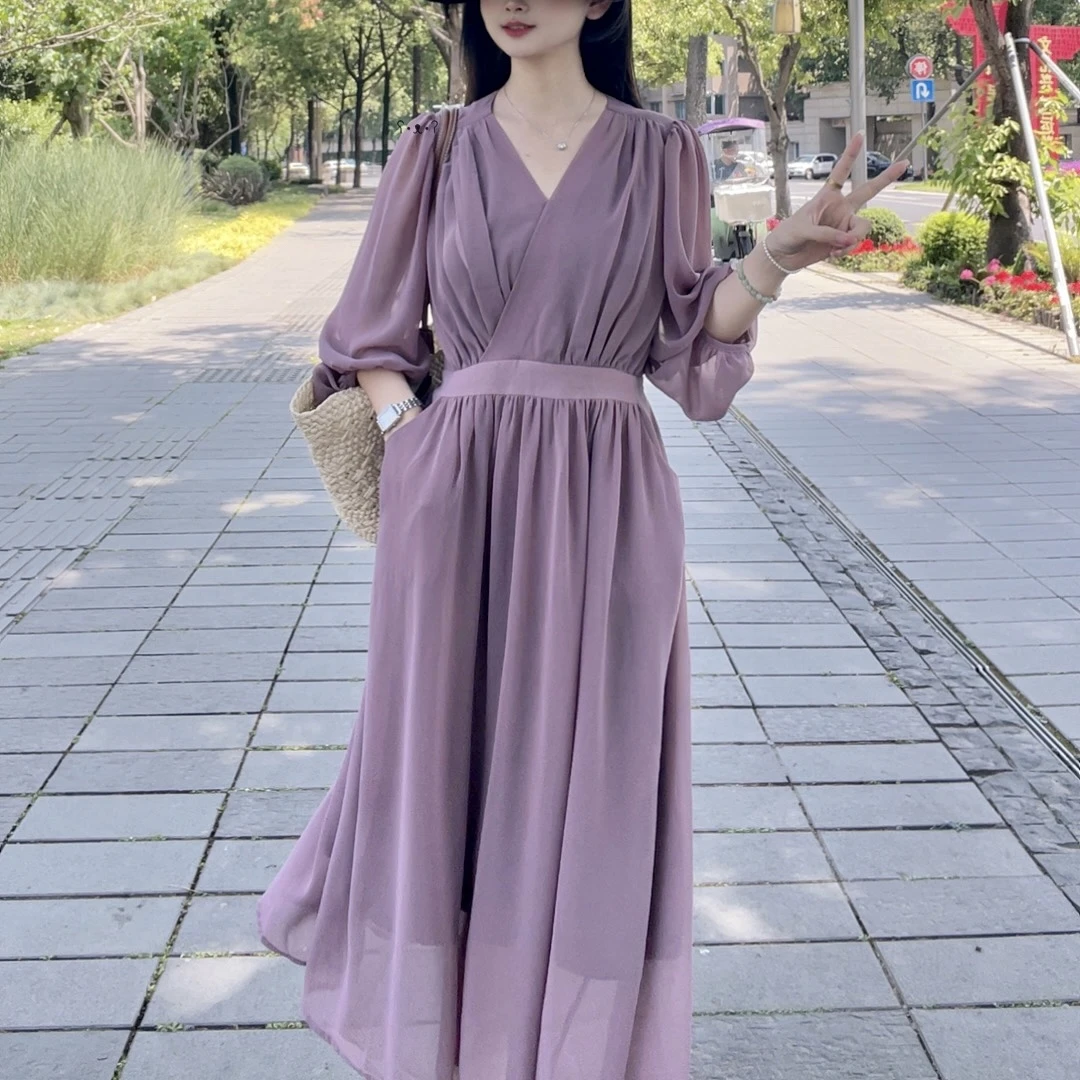 【依柚】法式紫色V领乔其纱连衣裙女夏七分袖海边度假沙滩裙高级感