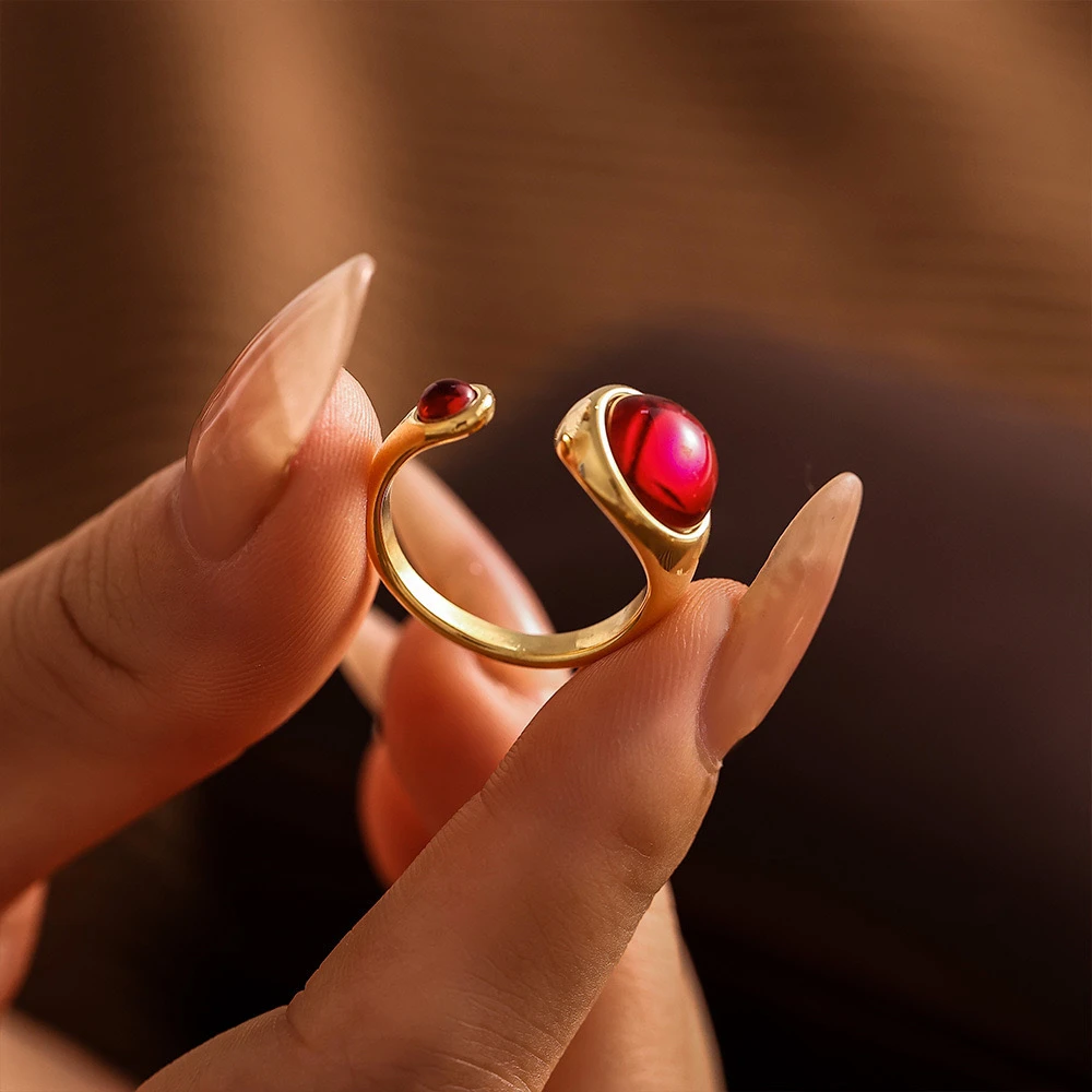 钛钢戒指 【T805】钛钢开口小众气质大小红圆戒指可调节金色指环