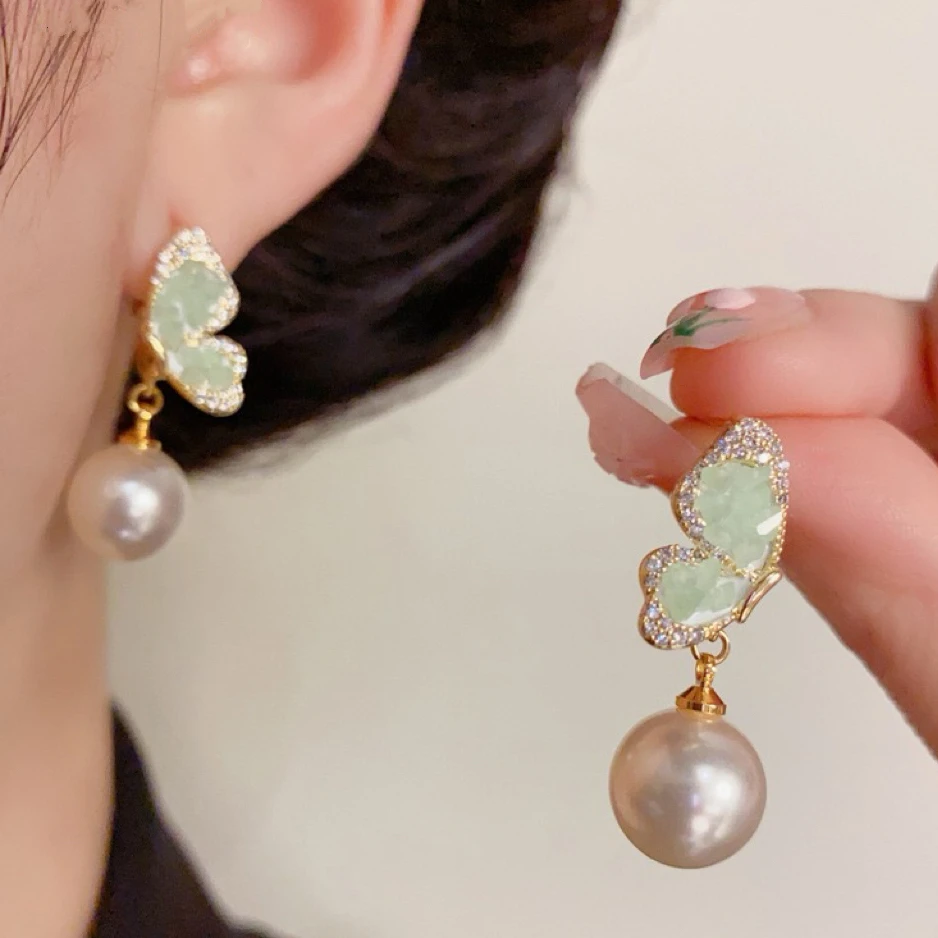 铜合金仿珍珠耳饰 韩系气质甜美小清新绿色蝴蝶珠珠吊坠耳环1460