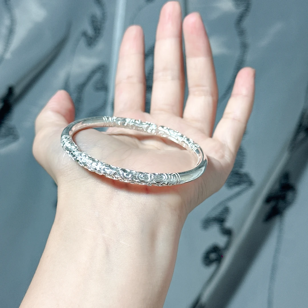 卷草纹银手镯女9999银闭口实心镯子年心轻款新中式国风精美