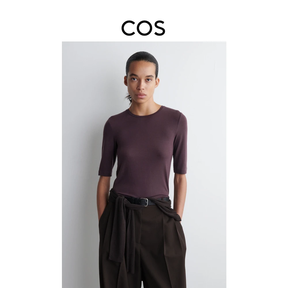 COS女装 修身版型圆领混纺T恤酒红色2025秋季新品1292679001
