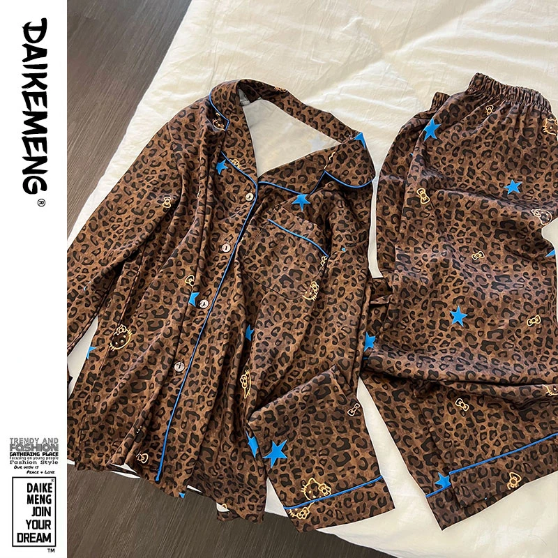 琥珀风精致豹纹睡衣女士春秋新款潮流ins风kitty猫长袖长裤家居服
