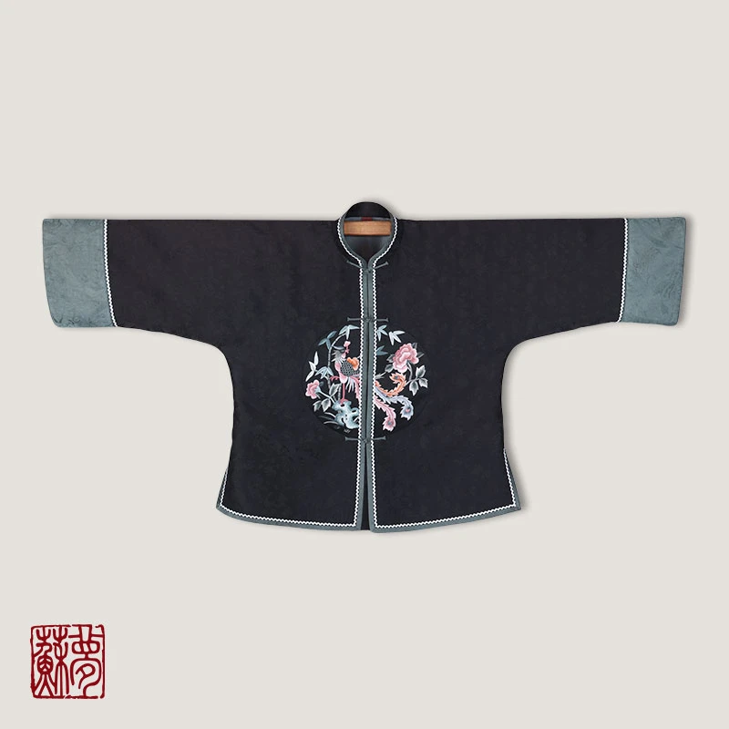 蘇夢凤衔枝团绣手绣黑色立领对襟上衣中式国风刺绣01031527