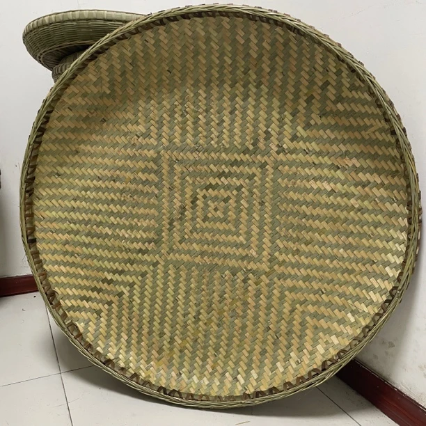 直径90cm花纹簸箕纯竹子手工编织青蔑锁边圆形加固农家用具簸箕