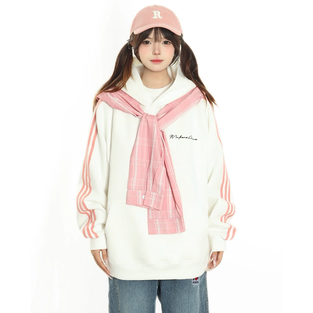 小杭还没吃饱原创美式条纹字母刺绣连帽卫衣可拆卸格子披肩男女潮