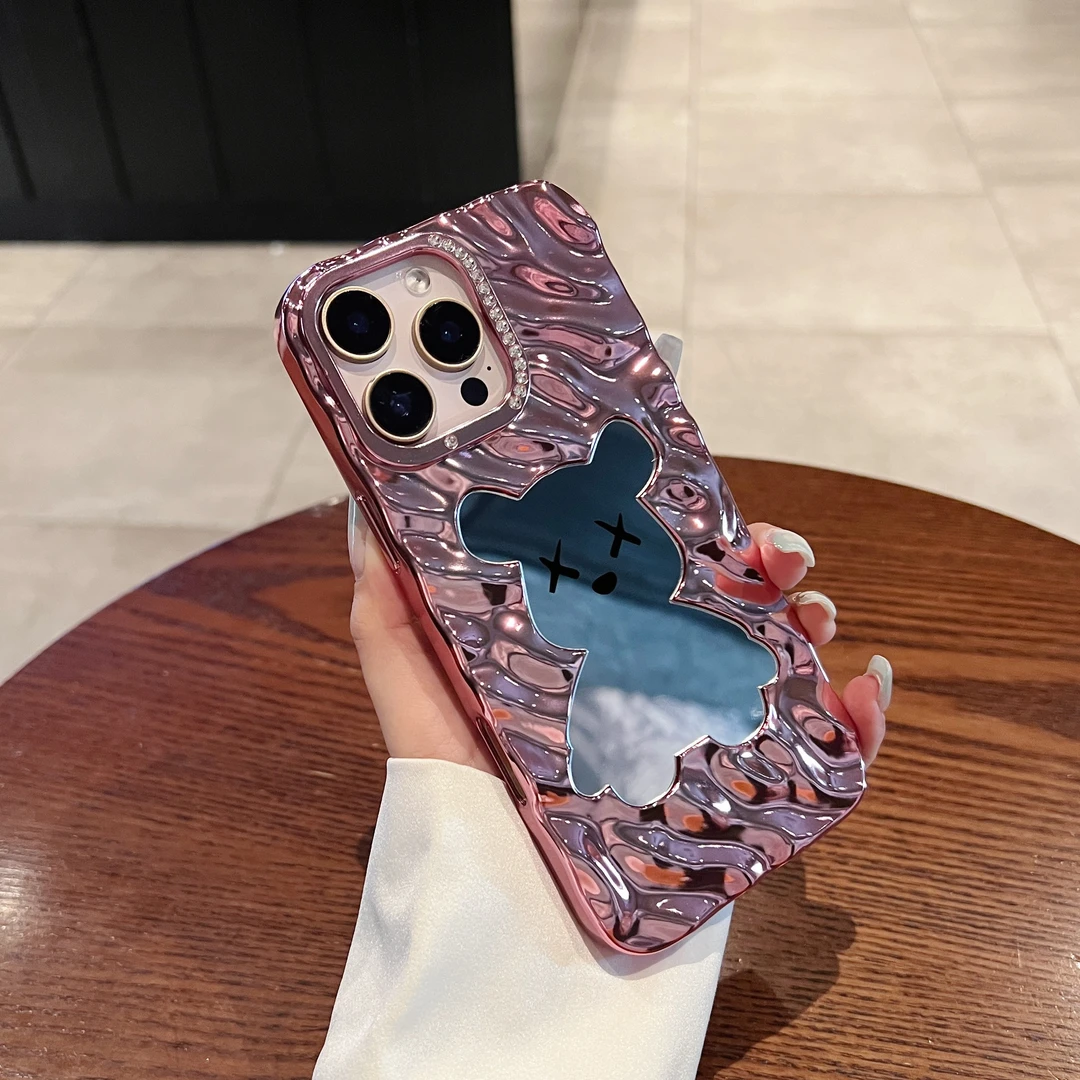 适用iphone16promax手机壳镶钻苹果15pro电镀镜面暴力熊女神14/13