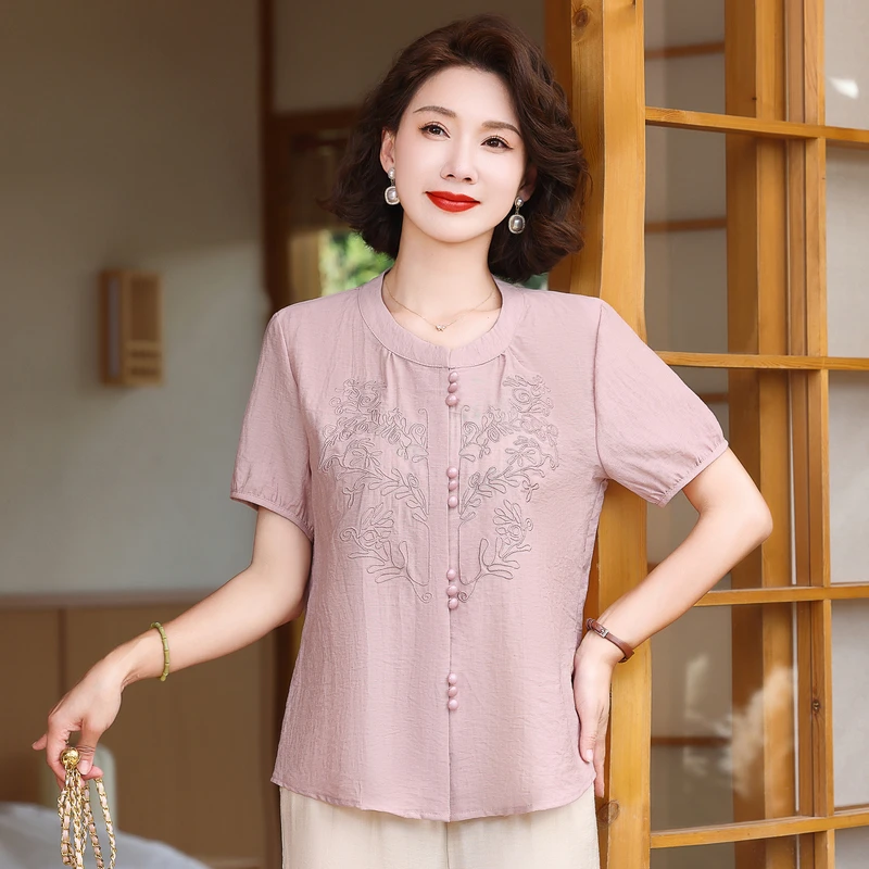 【将军工厂店】绣花圆领开衫扣子短袖简单大方服饰2436