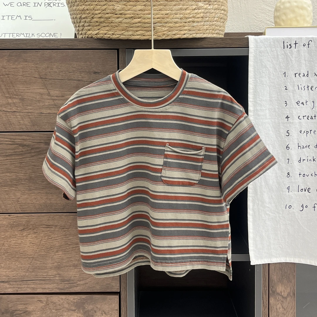 【小蛋壳】现货2025男女童彩色条纹短袖T恤衫DK1173