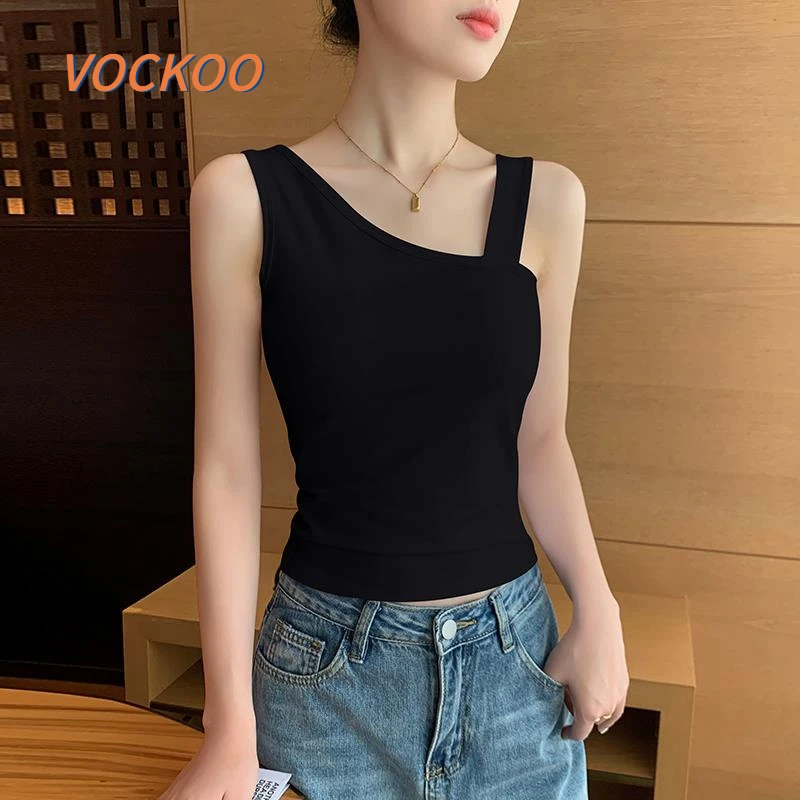 VOCKOO黑色斜肩吊带背心女2025新款纯棉打底内搭美背外穿设计感无