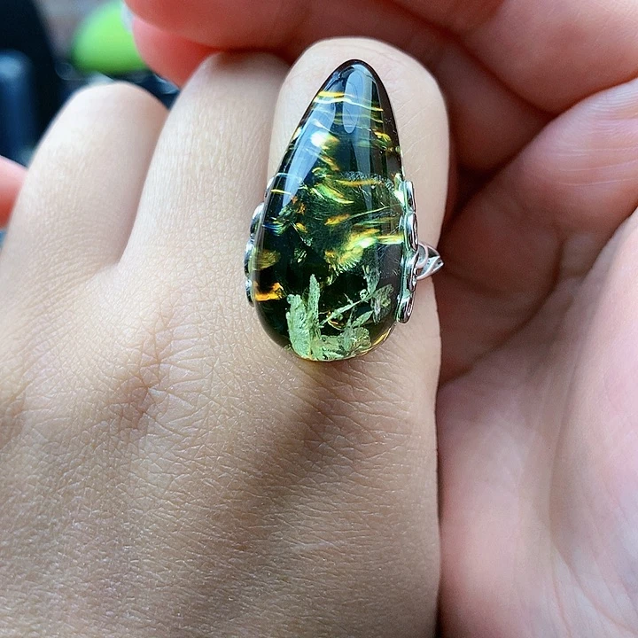 琥珀裸石银S925镶嵌戒指