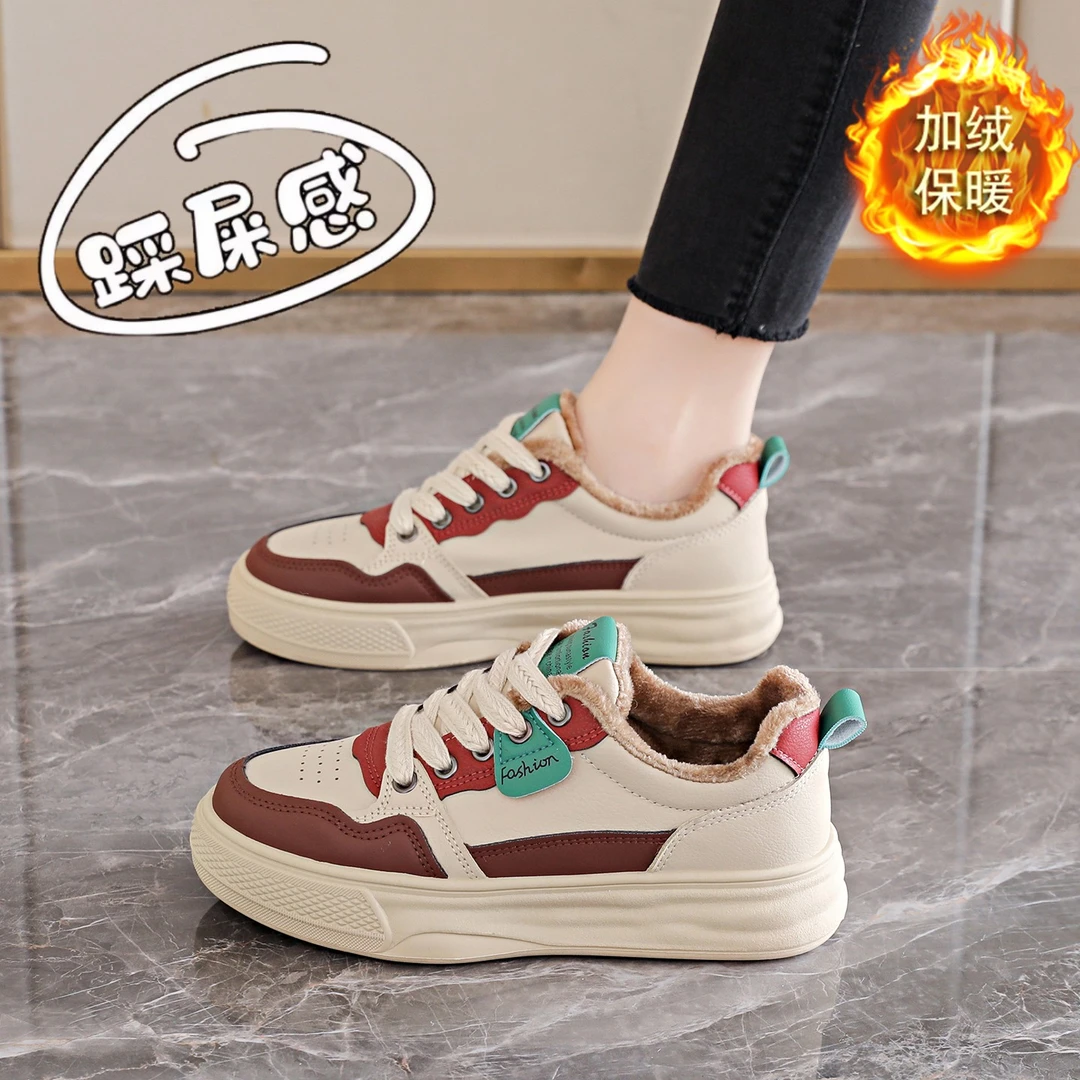 女鞋冬季加绒运动板鞋女2025新款爆款皮面防水防滑保暖二棉鞋34码