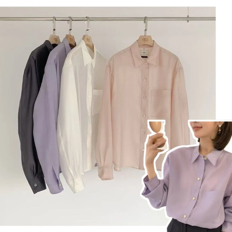 24263【蛋天丝衬衣】韩单eg天丝长袖衬衣百搭显瘦防晒衬衫女设计款