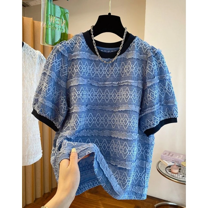 K6594欧货网纱拼接泡泡袖上衣女衬衫短袖套头圆领蓝色洋气小衫