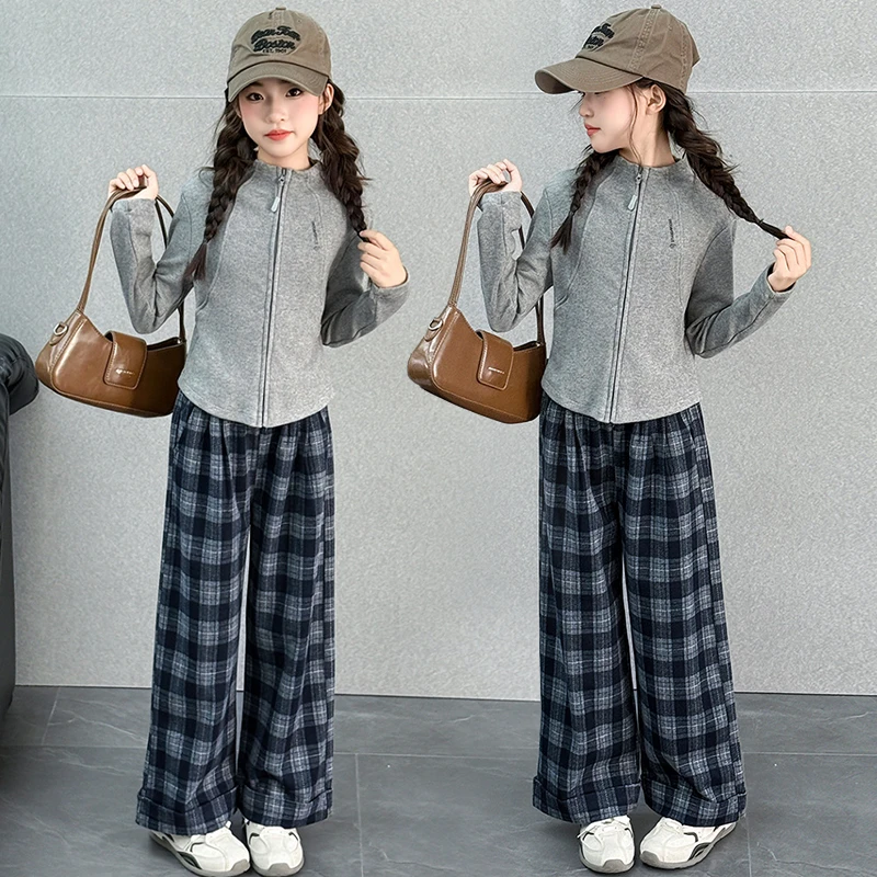 女童秋装套装2026新款儿童韩系洋气立领开衫时髦格子裤童装两件套