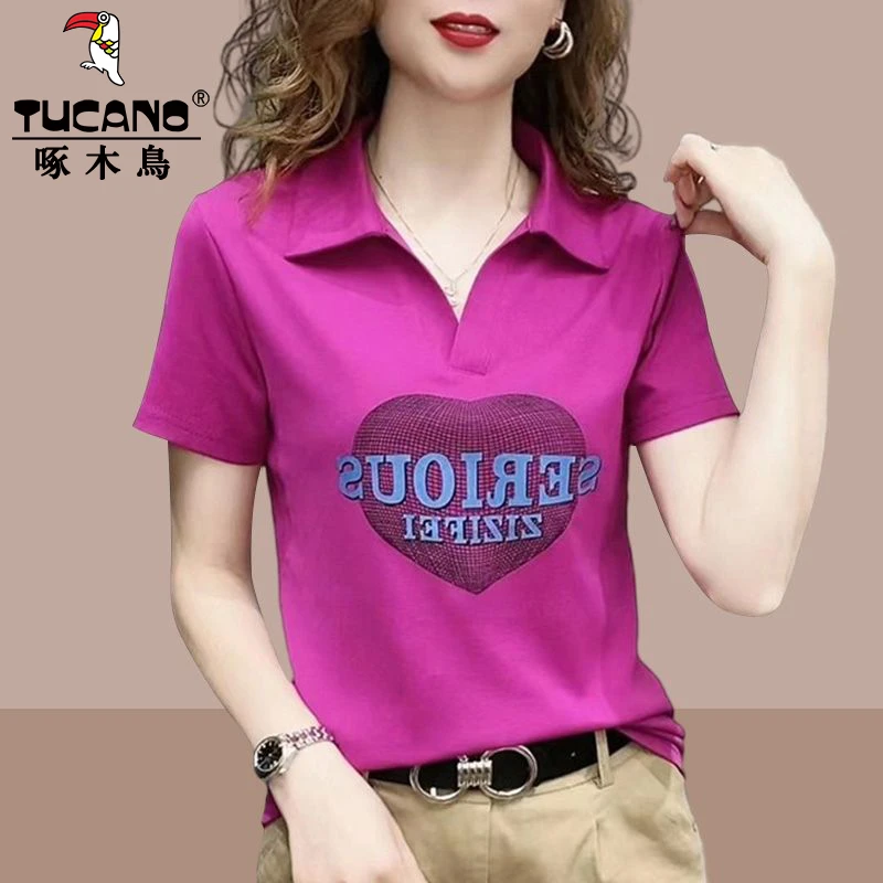 啄木鸟夏季新款洋气减龄短袖t恤女休闲设计感印花polo衫翻领上衣