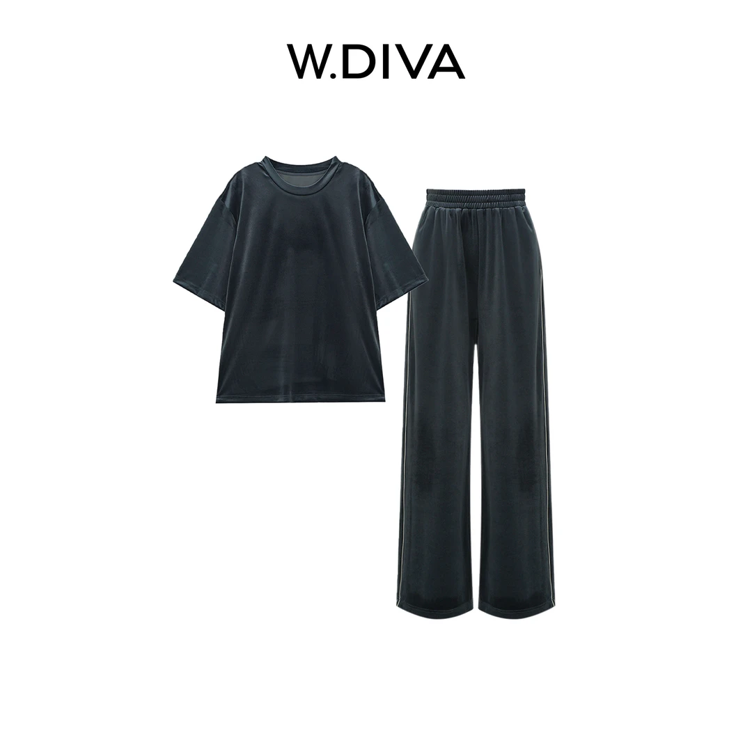 W.Diva【湖泊】蓝灰圆领短袖直筒休闲长裤套装洋气衣服女51D201227