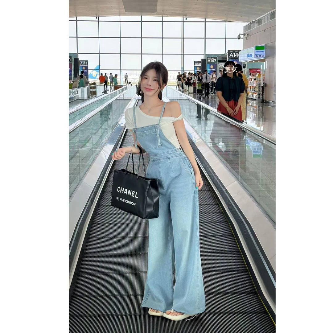 【HuiHui】韩国东大门背带裤时尚薄款洋气高腰阔腿裤（H8302)
