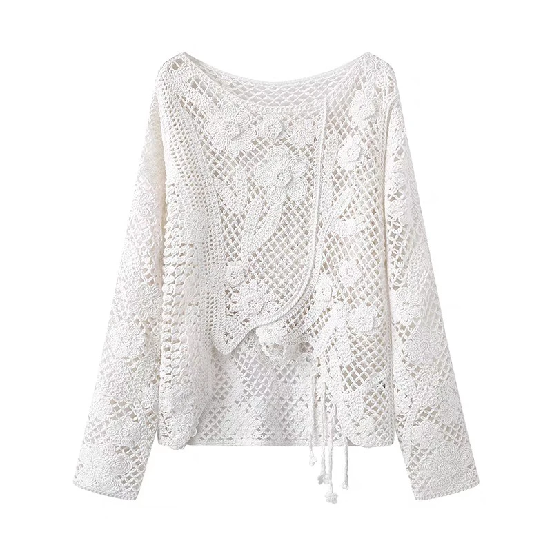 艾家2025春装新款镂空针织衫休闲百搭针织花边套头针织衫8149